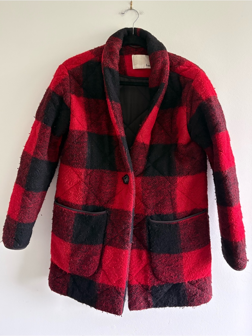 Wilfred Free Red & Black Plaid Quilted Coat with Shawl Collar Sz Small